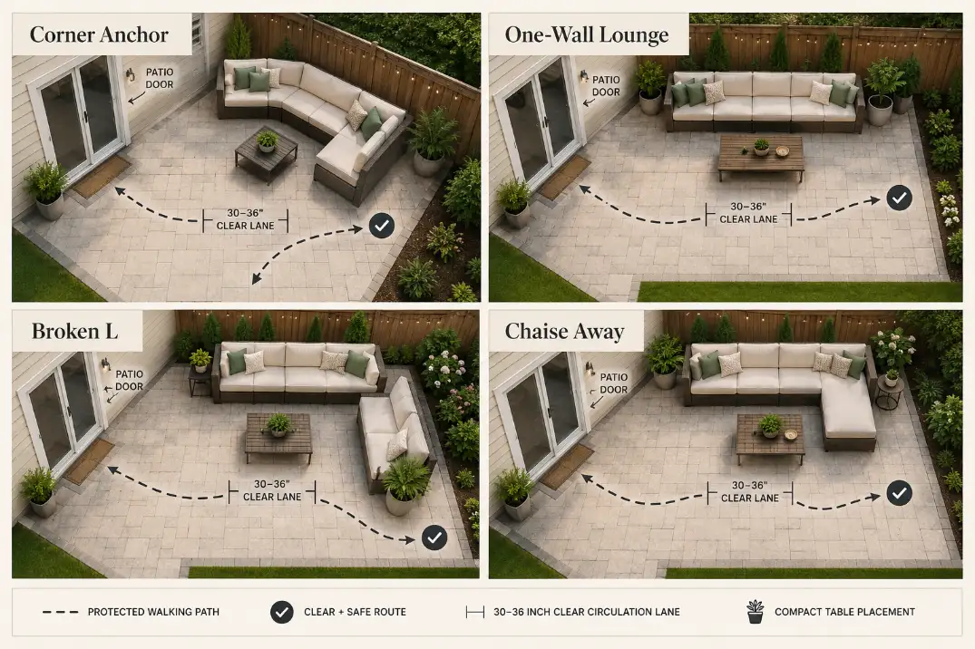 Four premium-labeled small patio sectional layout strategies showing corner anchor, one-wall lounge, broken L, and chaise-away arrangements.