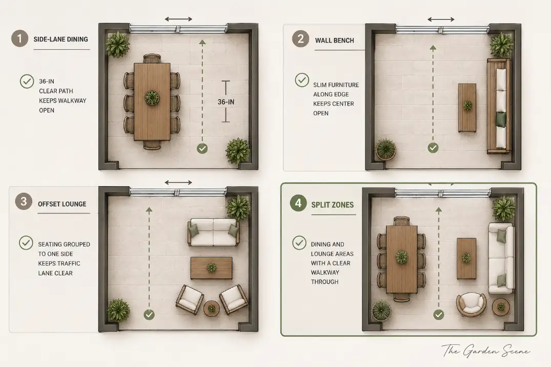 Premium 2x2 patio layout ideas graphic showing four furniture arrangements that keep sliding glass door walkways clear.