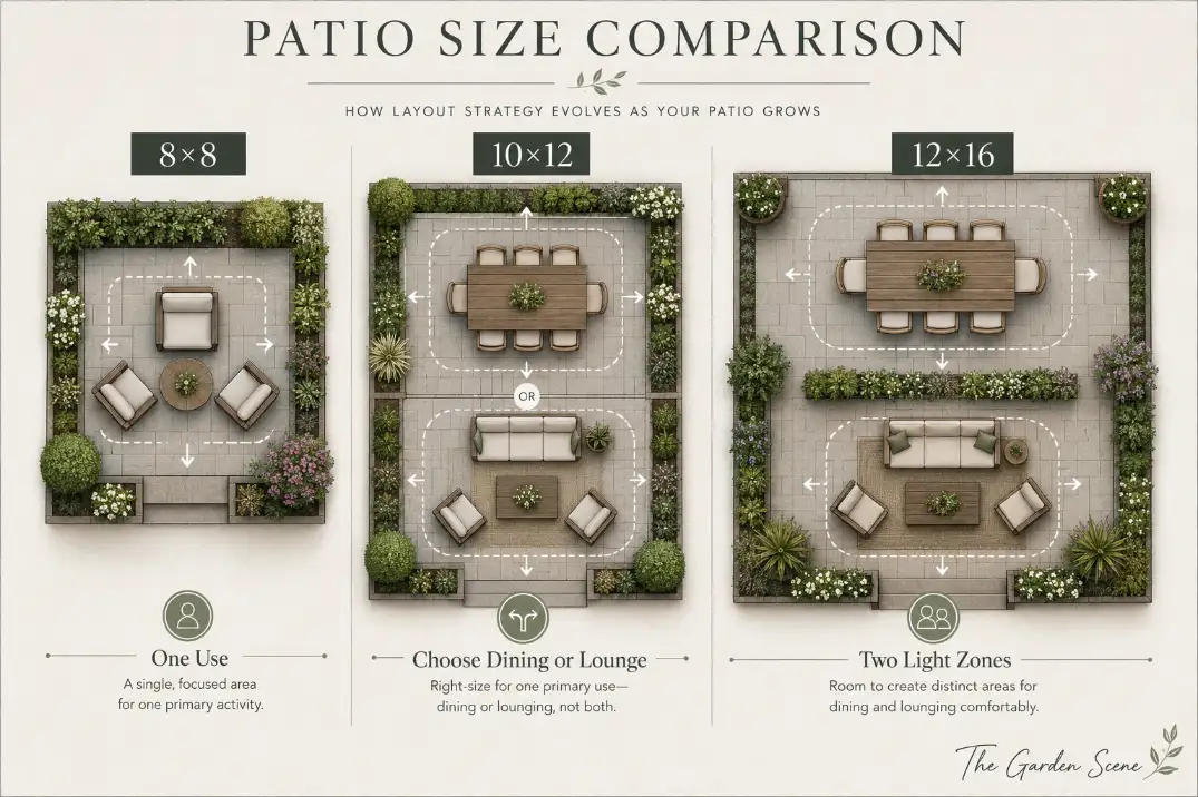 Premium patio size layout diagram comparing 8×8, 10×12, and 12×16 furniture arrangements with clear path symbols.
