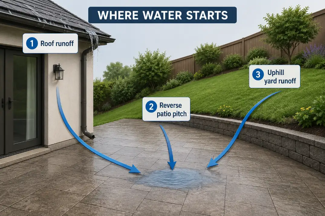 Diagram showing roof runoff reverse patio pitch and uphill yard runoff causing patio drainage problems