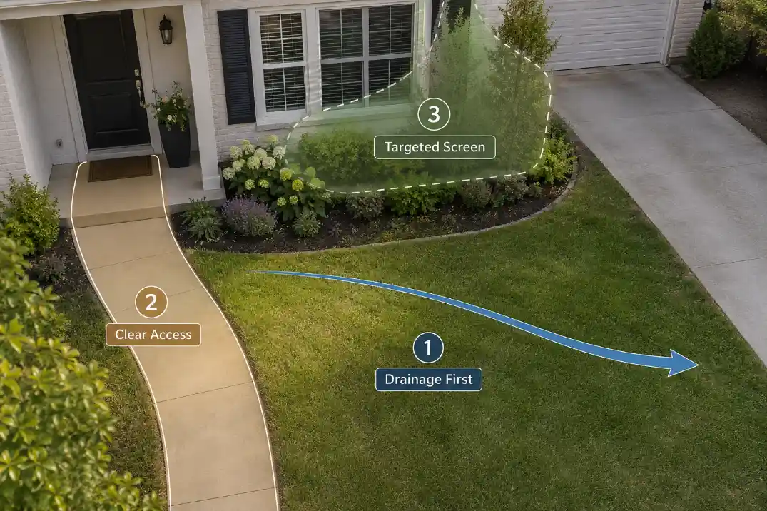 Premium front yard overlay showing drainage first, clear access, and targeted privacy screen zones.