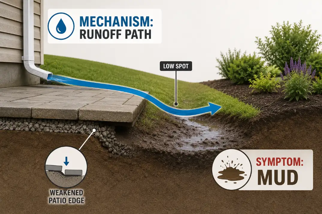 Premium diagram showing how backyard runoff creates muddy soil and weakens the edge of a patio.