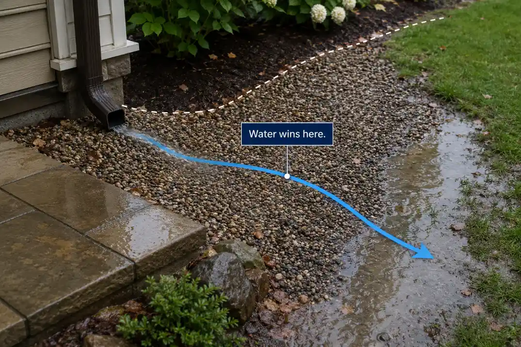 Backyard patio edge with premium runoff overlay showing water crossing a gravel patch into a puddled low spot labeled Water wins here.