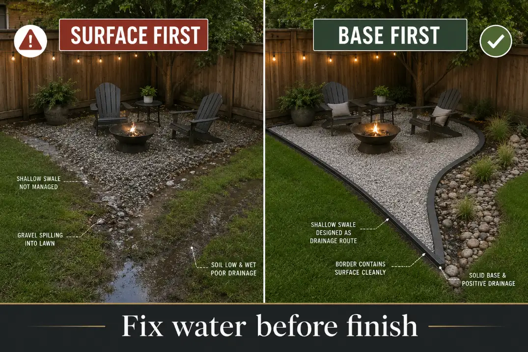 Premium comparison visual showing a failing gravel seating area labeled surface first beside a corrected base-first gravel area.