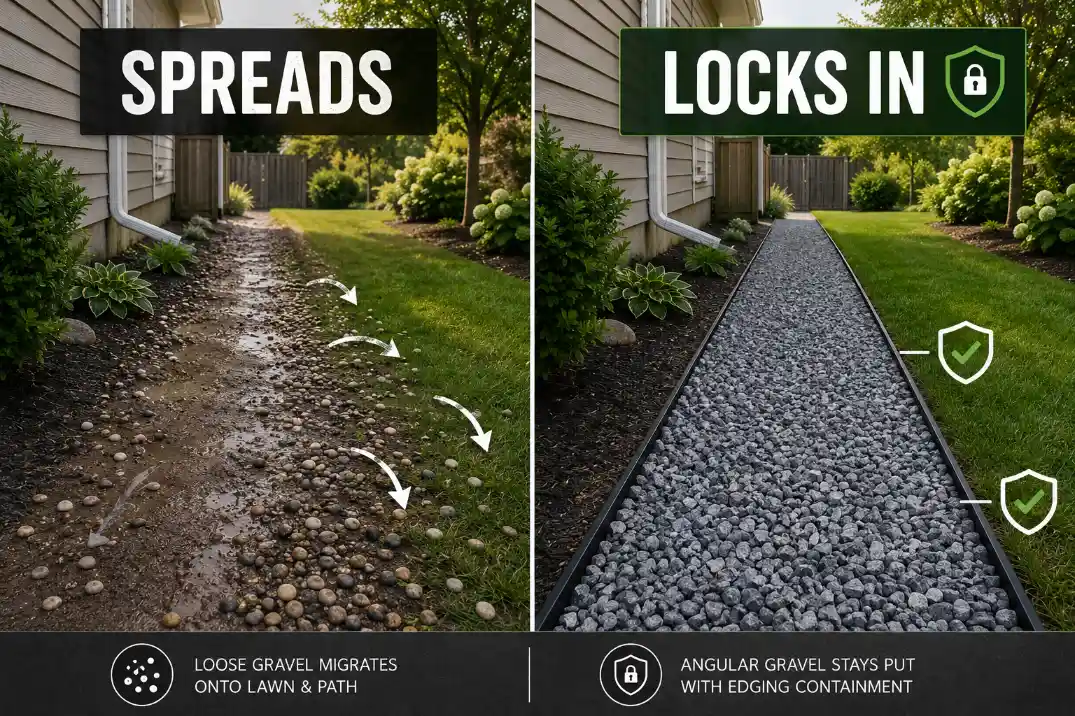 Premium comparison graphic showing loose gravel spreading on a muddy backyard path versus compact gravel locked in by edging.