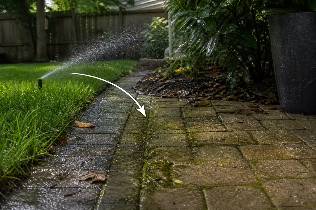 Shaded paver patio with algae in damp joints caused by sprinkler overspray near a planter bed.