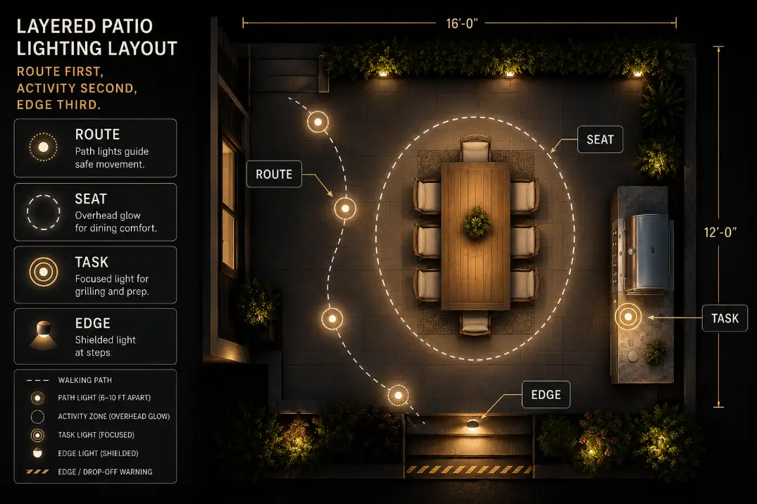 Overhead patio lighting diagram showing route lights, seating glow, grill task light, and edge lighting zones.