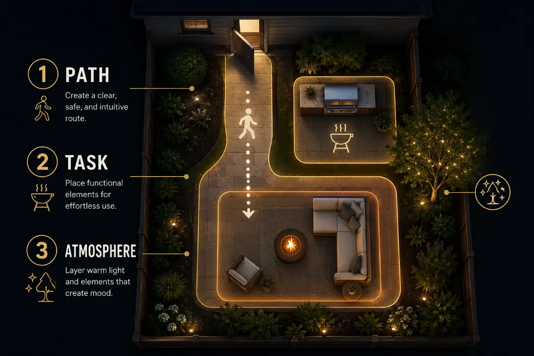 Premium backyard lighting diagram showing path lighting first, task lighting second, and atmosphere lighting third