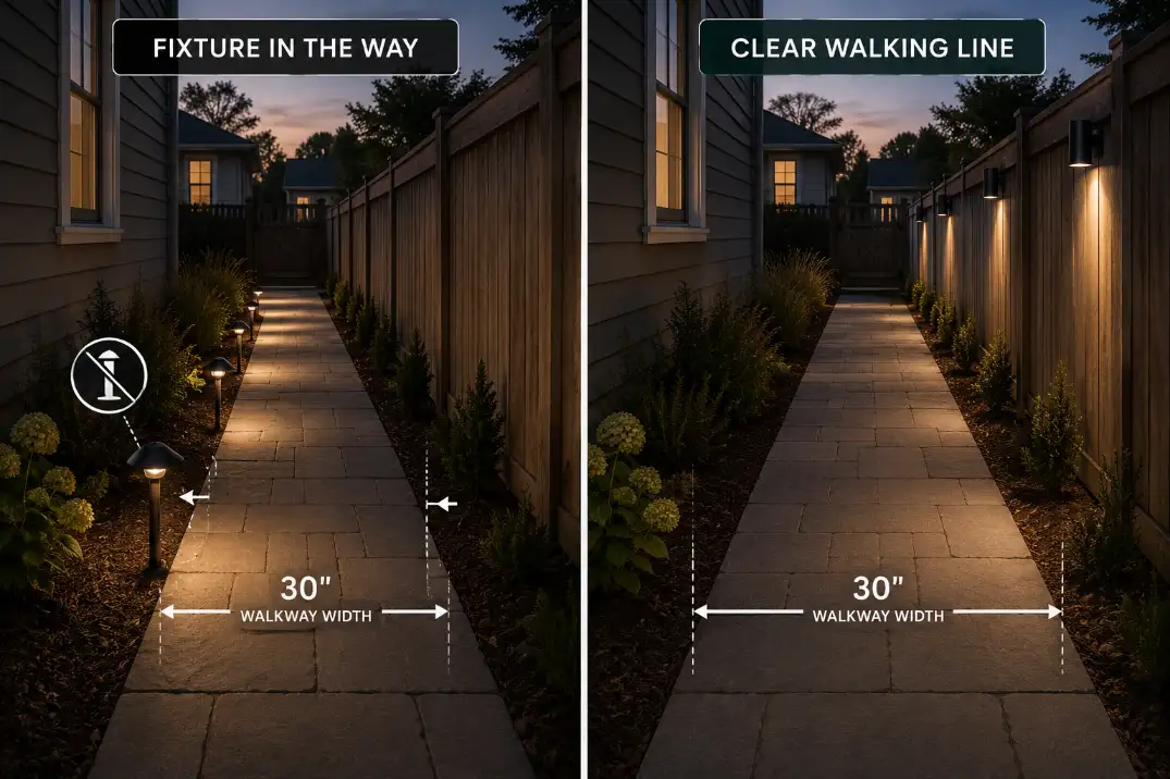 Premium comparison graphic showing stake lights narrowing a tight backyard walkway versus wall-mounted lights keeping the walking line clear
