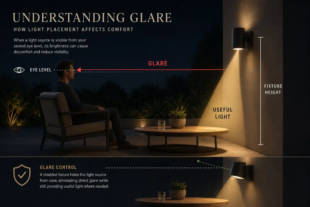 Premium diagram showing direct patio light glare hitting seated eye level compared with shielded useful light aimed downward
