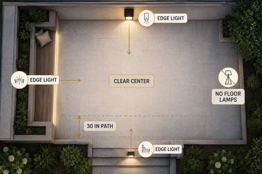 Premium patio lighting diagram showing edge lighting, a clear center, and a 30-inch walking path on a small patio.