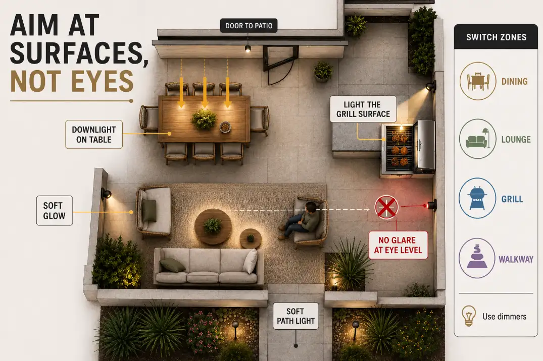 Premium patio lighting diagram showing light aimed at the table, lounge surfaces, grill grate, and walkway instead of seated eyes.