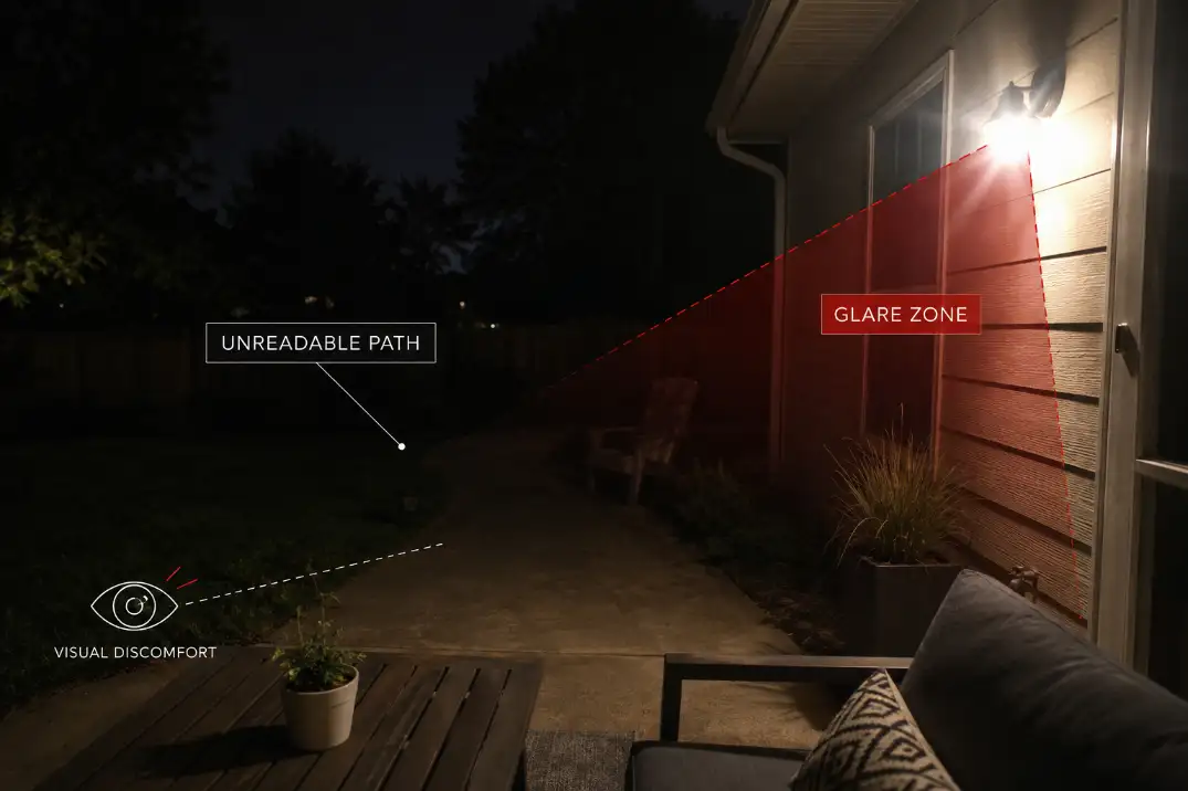 Premium overlay visual showing backyard glare zone hiding a dim walkway edge near patio seating
