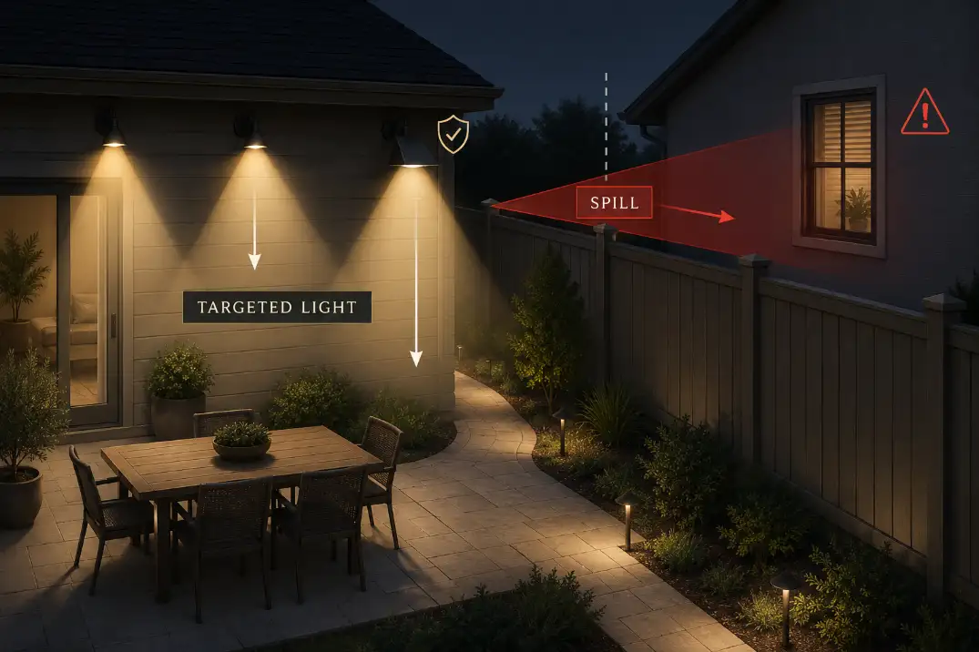 Premium backyard lighting diagram showing spill light crossing a fence compared with targeted shielded light aimed downward.