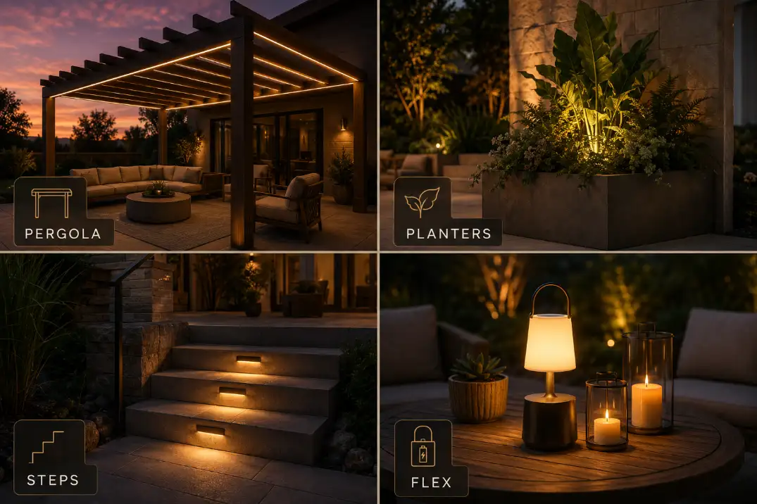 Four-panel premium patio lighting graphic showing warm ideas for pergolas, planters, steps, and flexible rechargeable lamps.