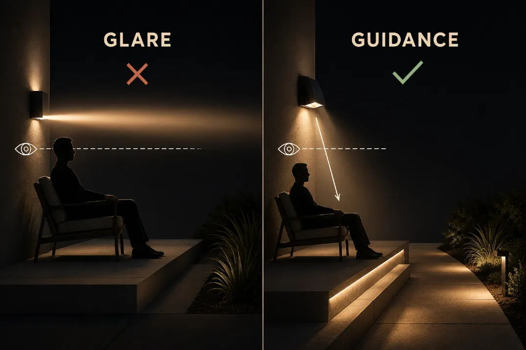 Premium diagram comparing glare at seated eye level with shielded downward backyard lighting that guides the path