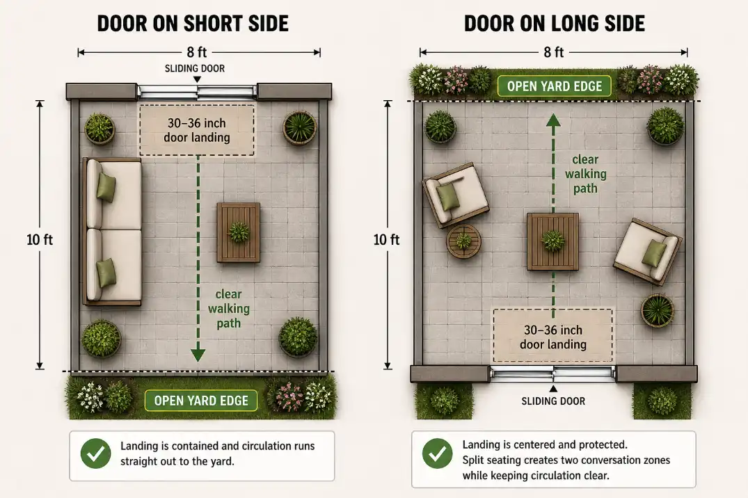 Two 8x10 patio layout diagrams showing how furniture placement changes when the door is on the short side or long side.