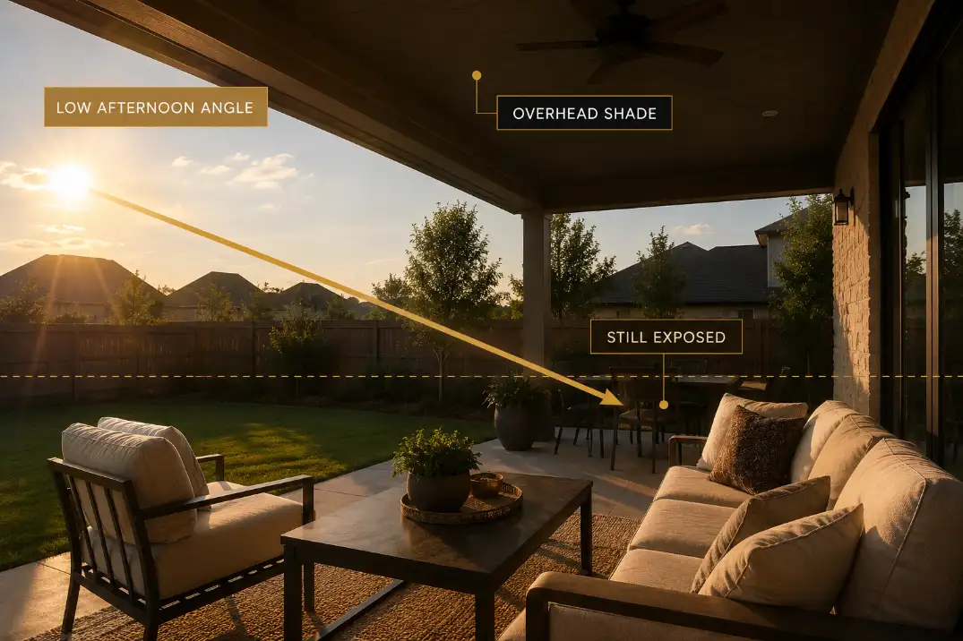 Premium overlay graphic showing low afternoon sun entering under a patio roof and hitting seating at chair height