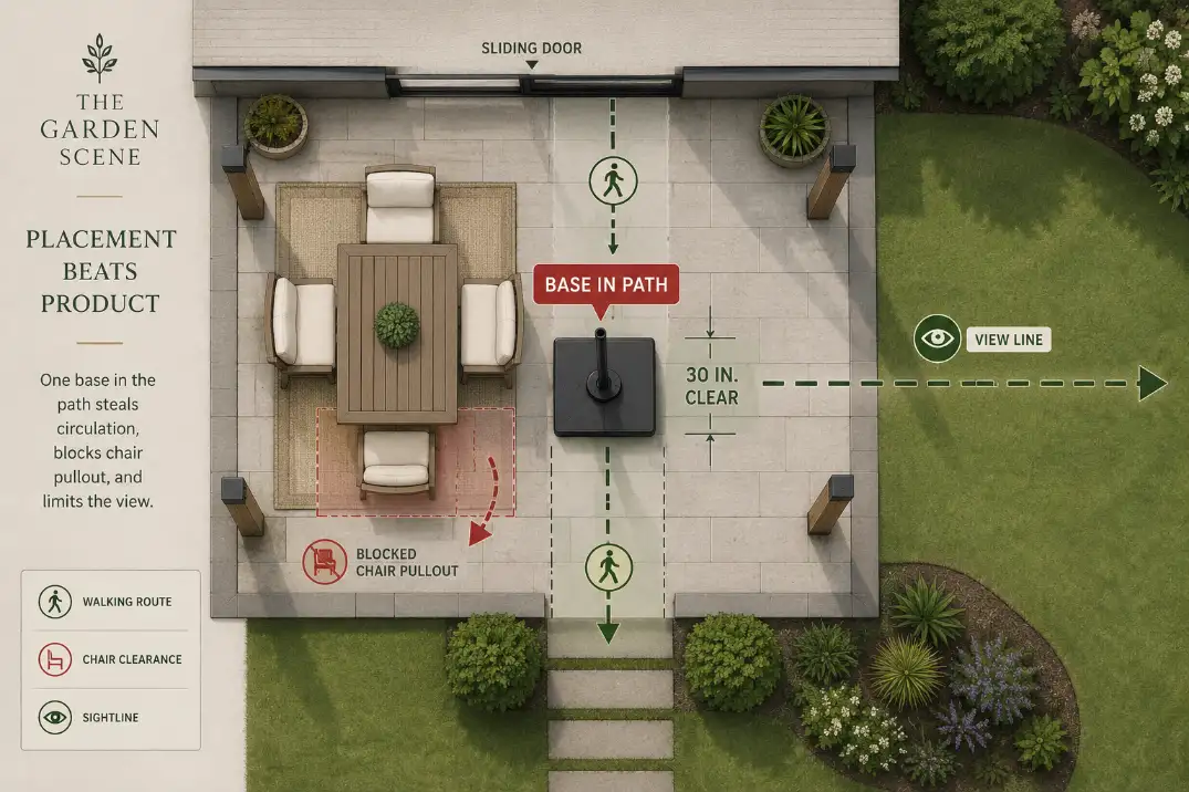 Premium patio diagram showing how umbrella bases and shade posts block a 30-inch walking path and make the patio feel smaller.