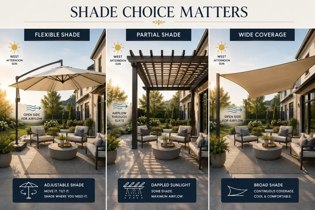 Premium comparison graphic showing umbrella, pergola, and shade sail options over the same backyard seating area.