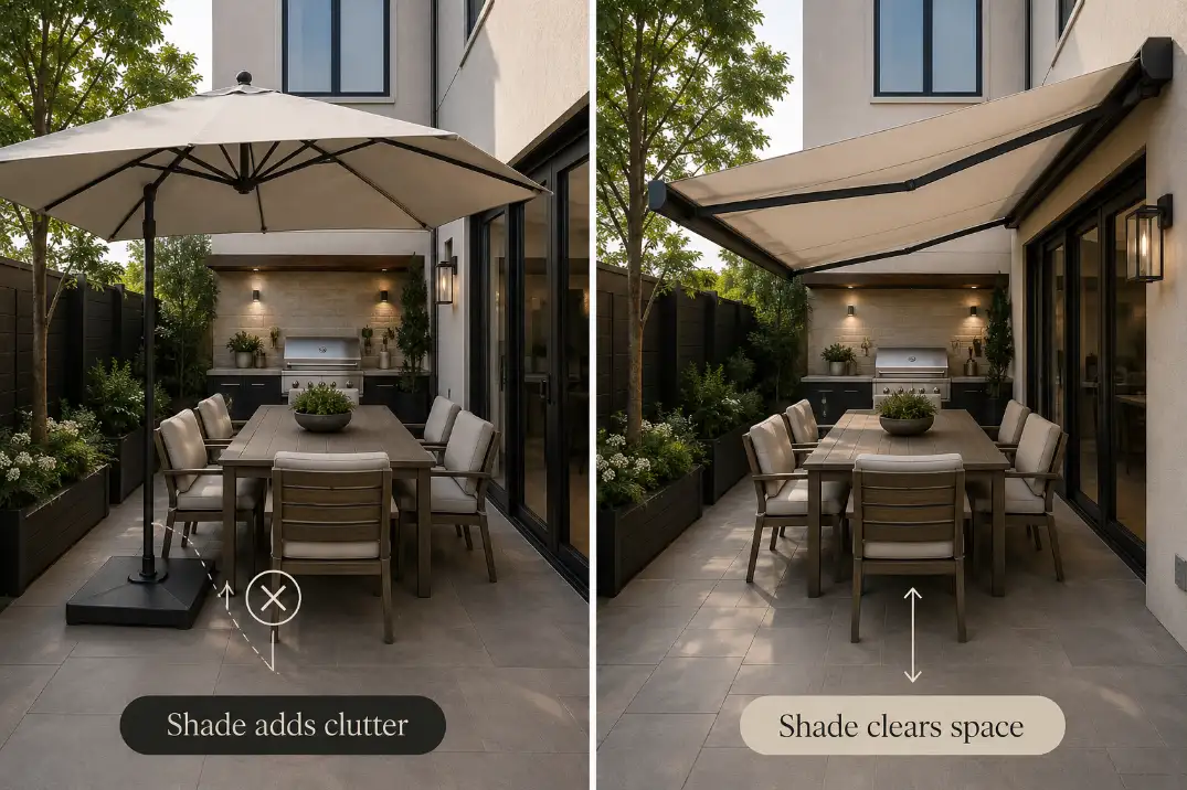 Premium comparison visual showing a crowded patio umbrella base versus wall-mounted shade with clearer floor space