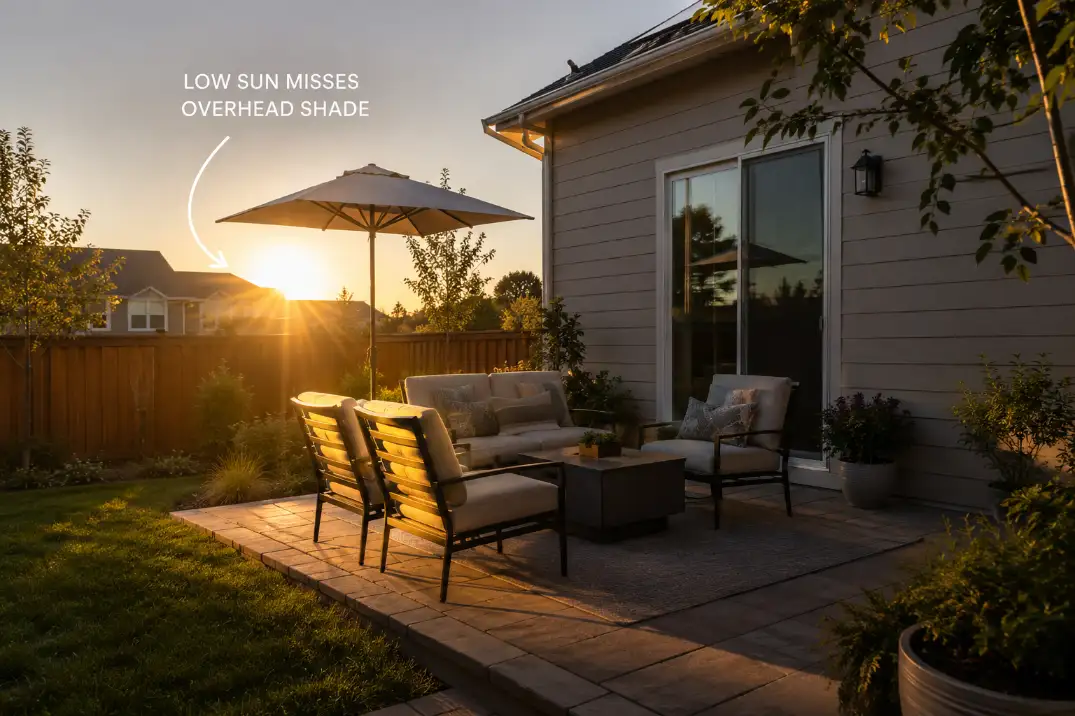Small west-facing patio showing low afternoon sun passing under overhead shade and hitting the chairs