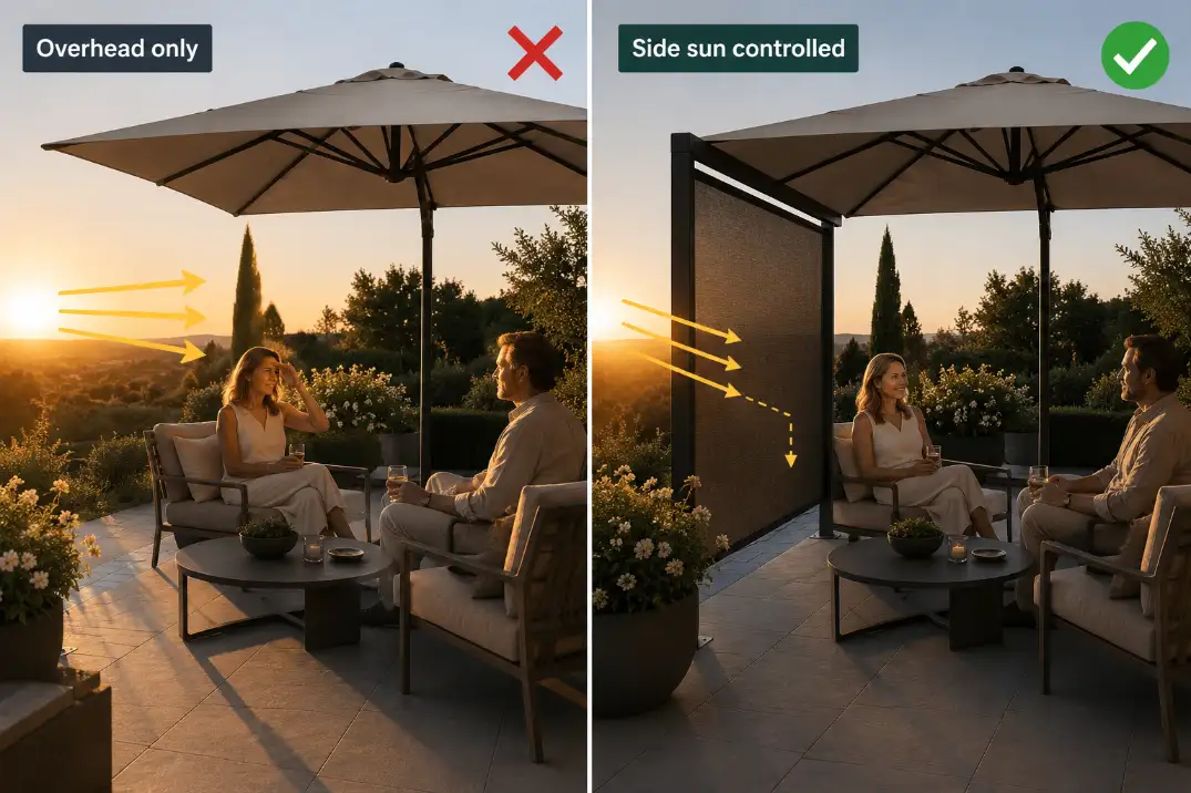 Premium comparison showing overhead patio shade failing against low side sun and side shade preserving the walkway