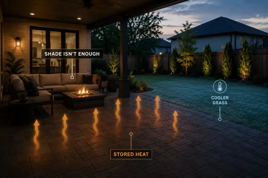 Premium graphic showing dark patio pavers releasing stored heat upward into a shaded covered seating area.