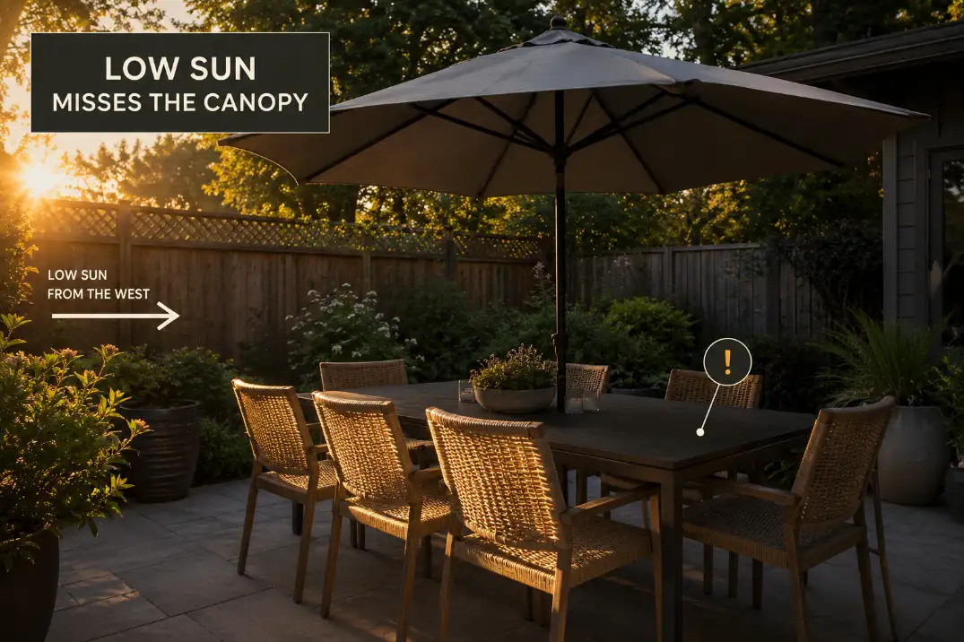Premium overlay image showing low afternoon sun reaching under a patio umbrella and hitting backyard seating