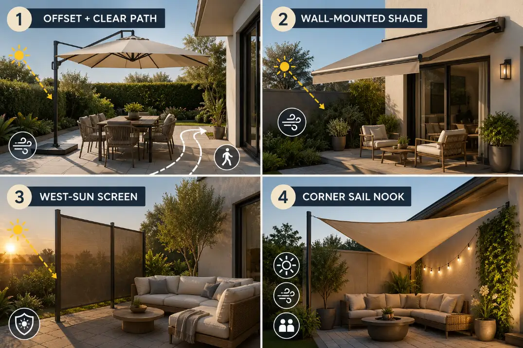Premium four-panel patio shade ideas graphic showing offset umbrella, wall-mounted awning, west-side screen, and corner shade sail solutions.