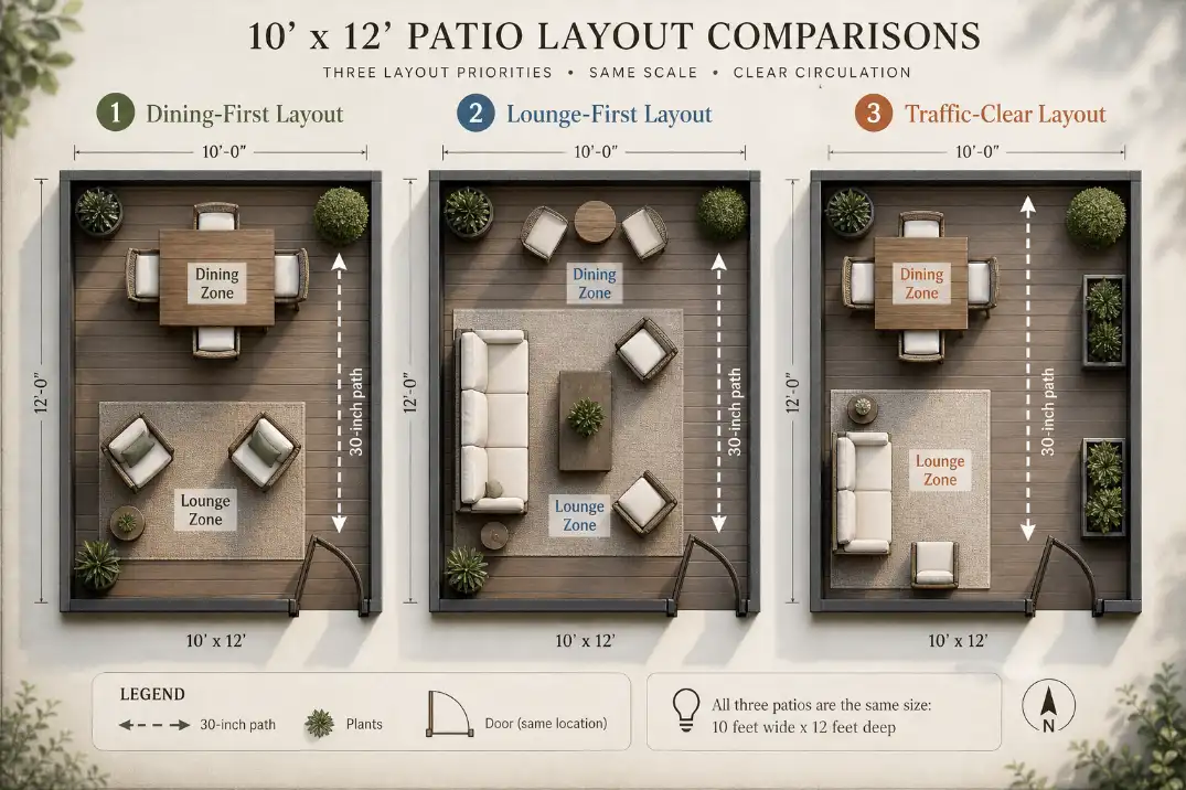 Three same-scale 10x12 patio layout diagrams comparing dining-first, lounge-first, and traffic-clear furniture arrangements.