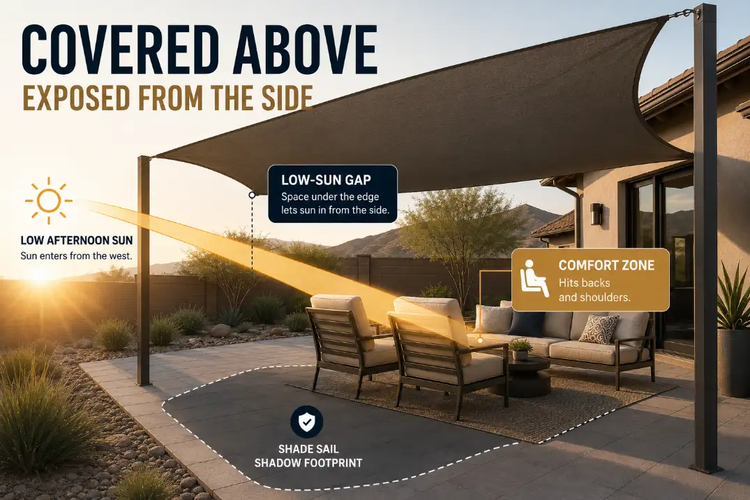 Diagram showing how a high shade sail can cover a patio from above while low afternoon sun still reaches the chairs from the side.