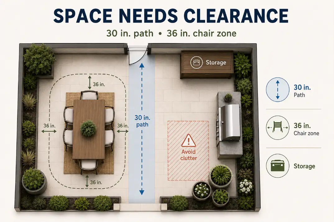Top-down patio clearance diagram showing a 30-inch walking path, 36-inch chair pullback zone, and organized storage area.