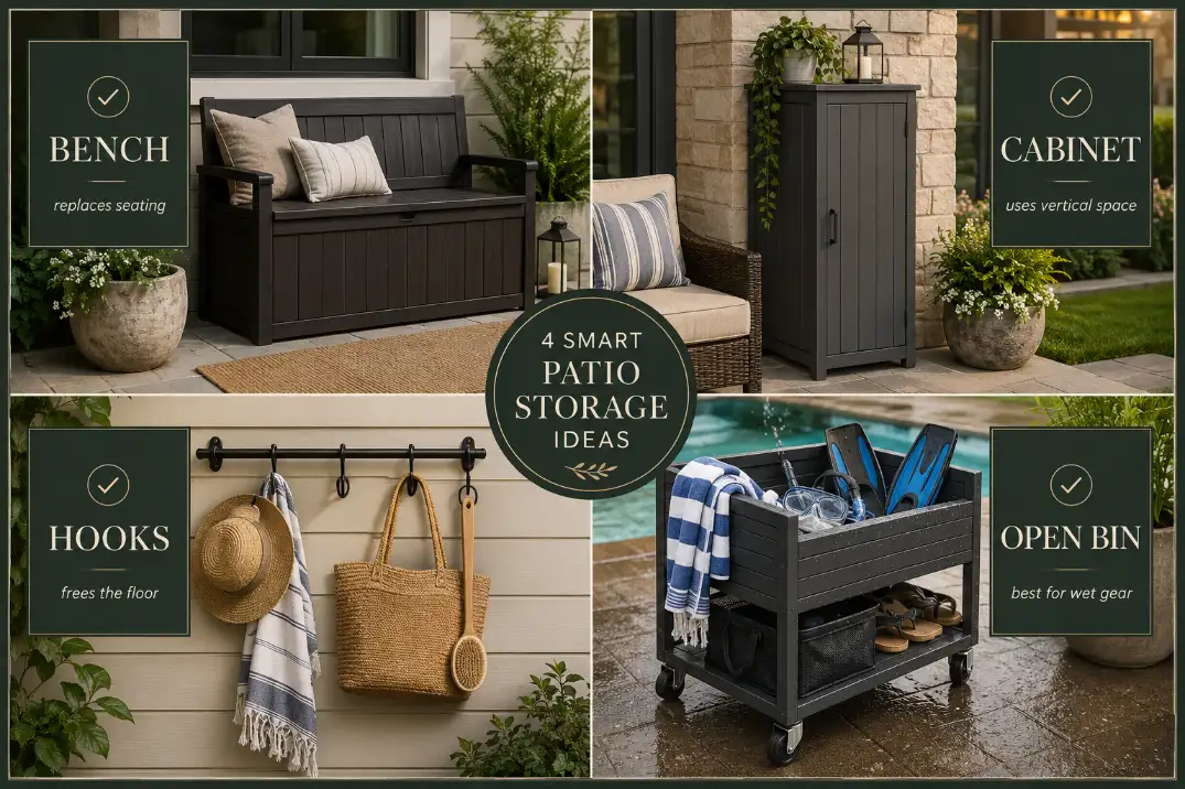Four-panel patio storage ideas graphic showing a storage bench, slim cabinet, wall hooks, and open bin for wet gear.