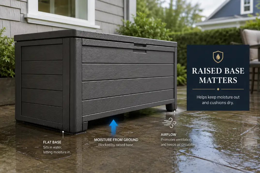 Outdoor deck box on a wet patio showing raised feet, puddle clearance, and a moisture arrow explaining why raised bases protect stored cushions.