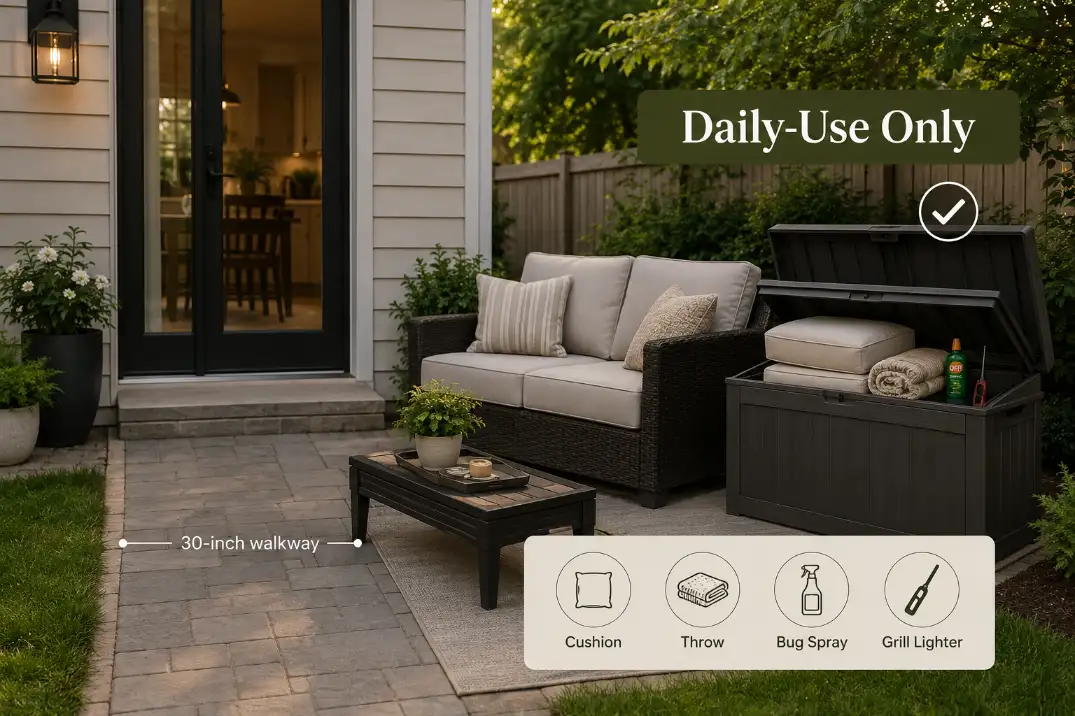 Compact patio with one storage bench holding daily-use items and a clear walking path to the door.