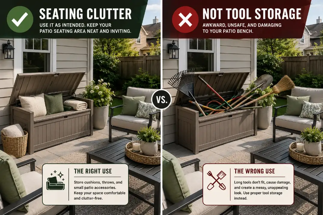 Outdoor storage bench holding cushions beside patio seating.