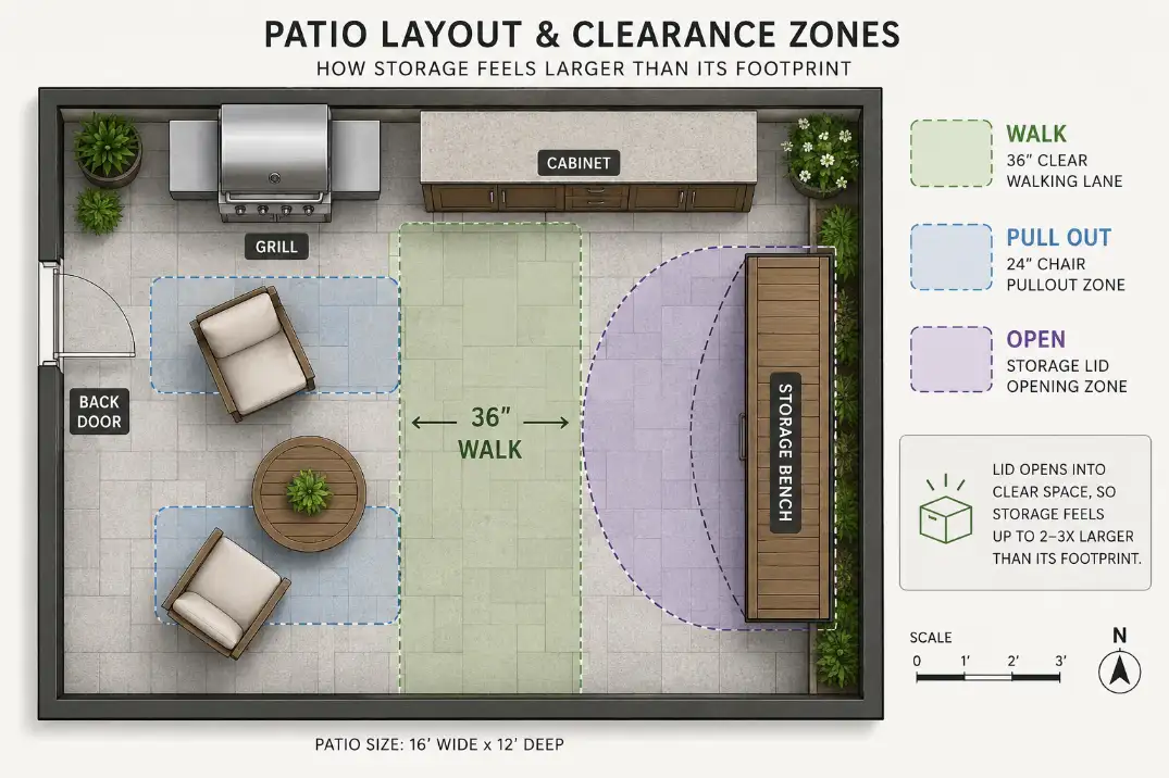 Patio diagram showing walking lane, chair pullout space, and storage lid clearance zones