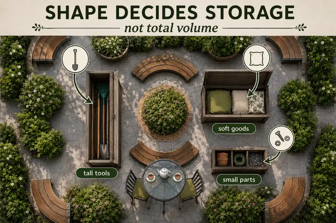 Backyard patio storage diagram showing tall tools, cushions, and small supplies matched to separate storage zones.