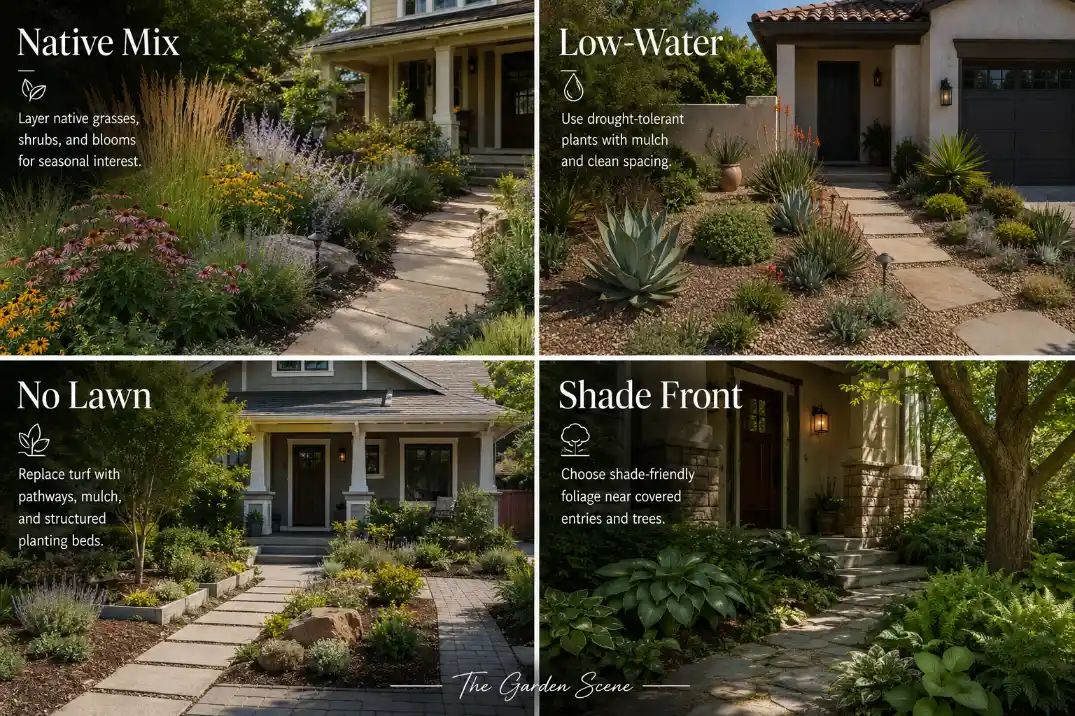 Four-panel front yard landscaping collage showing native planting, low-water landscaping, a no-lawn front yard, and a shade-friendly front yard.