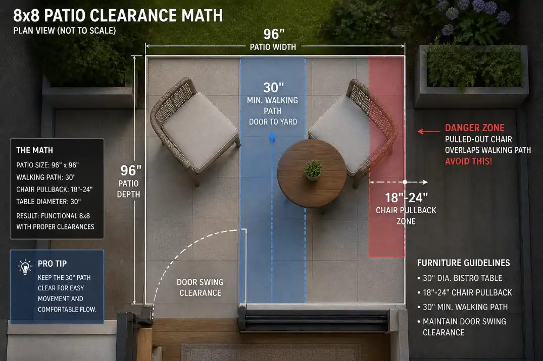 Overhead 8x8 patio diagram showing 96-inch dimensions, 30-inch walking path, door swing clearance, and 18-to-24-inch chair pullback space.