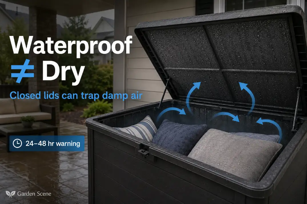 Outdoor deck box with cushions and overlay text showing trapped moisture, condensation, and a 24 to 48 hour drying warning.
