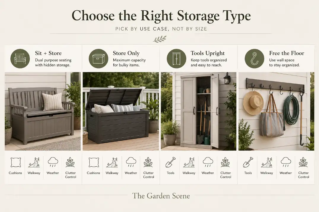 Premium patio storage decision diagram comparing storage bench, deck box, cabinet, and wall hooks by best use