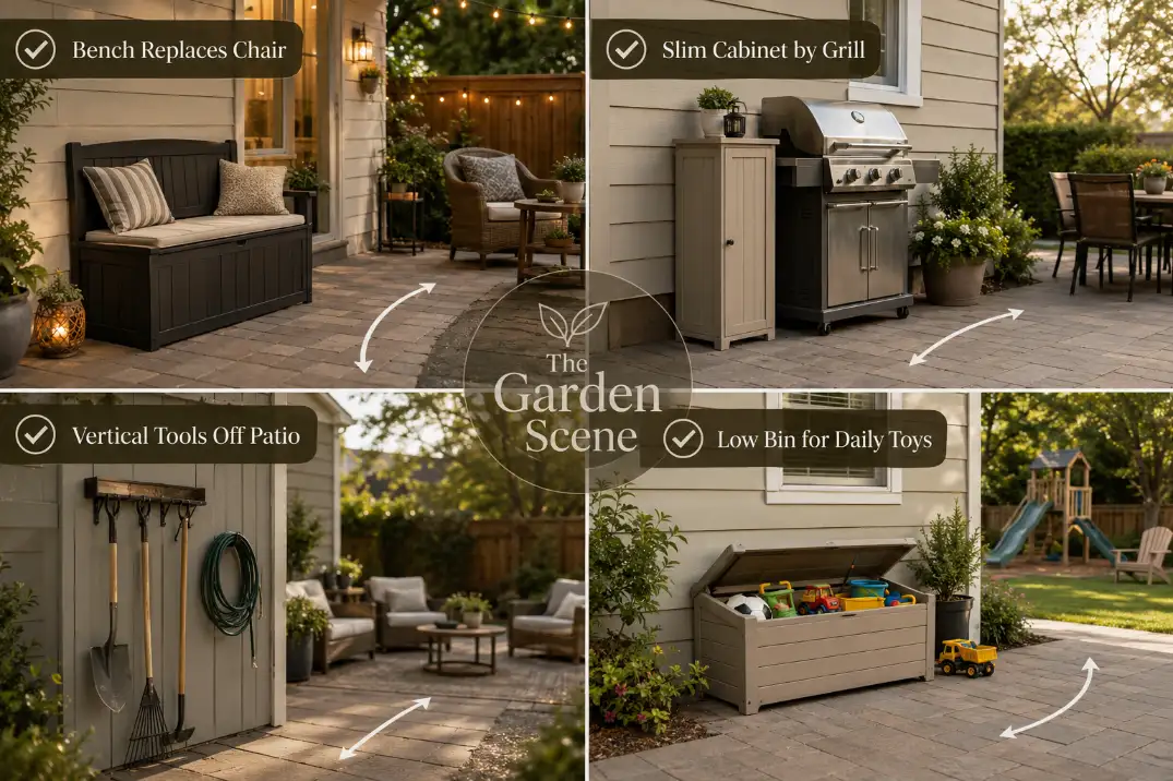 Four-panel patio storage guide showing a storage bench, slim grill cabinet, vertical tool organizer, and low toy bin that keep walkways clear.