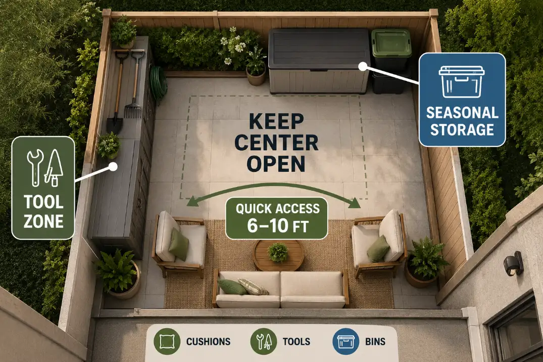 Backyard storage zone diagram showing quick-access storage near seating, tool storage on a side wall, and seasonal storage at the rear.