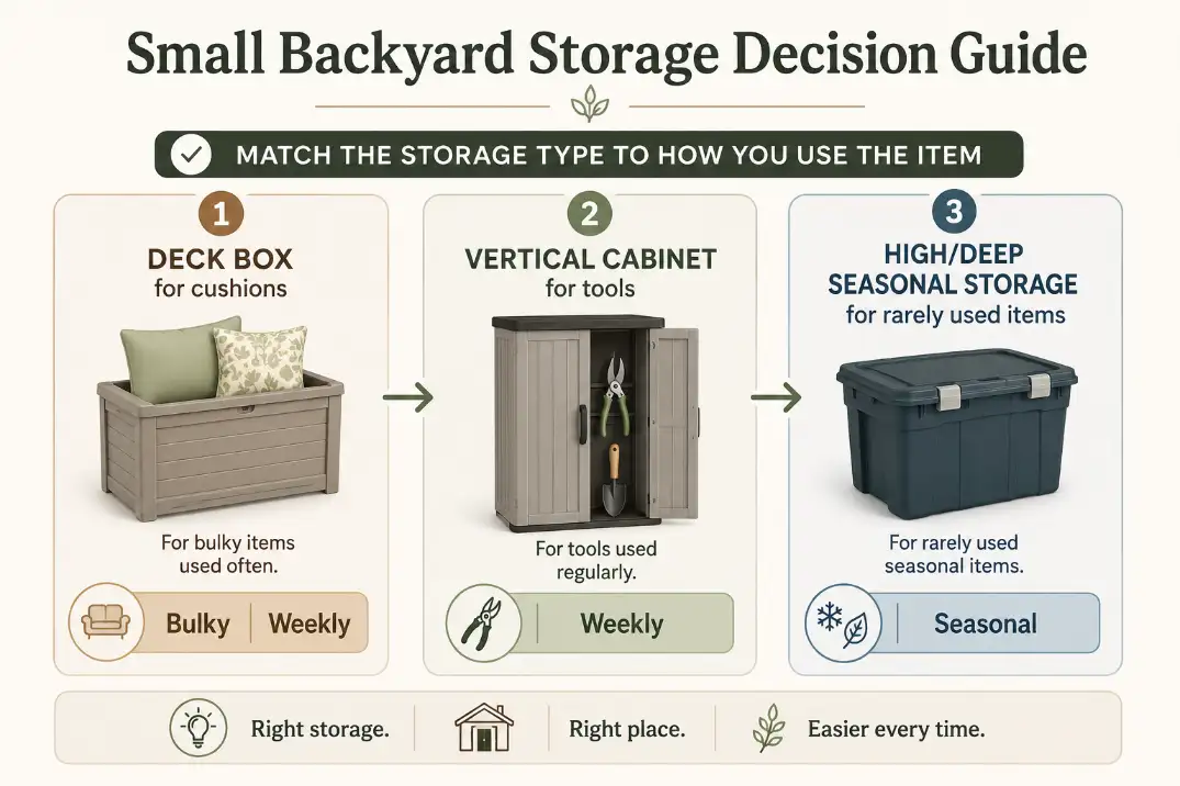Diagram showing how to choose backyard storage by item type and use frequency.