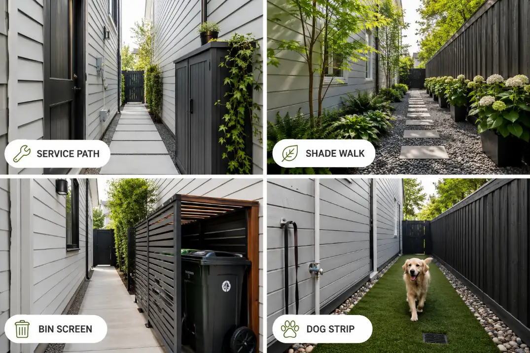 Four practical side yard ideas showing a service path, shade garden walk, bin screen, and dog-friendly strip.
