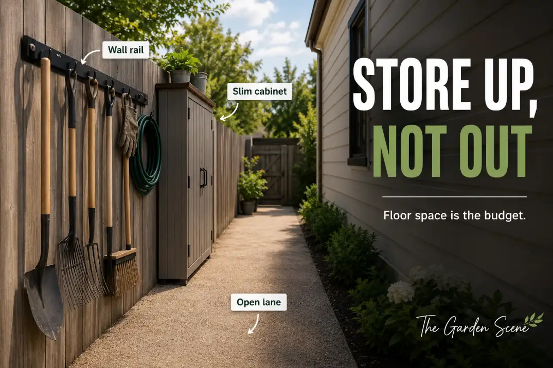 Narrow side yard with wall-mounted tool storage, slim cabinet, and a clear open walking lane.