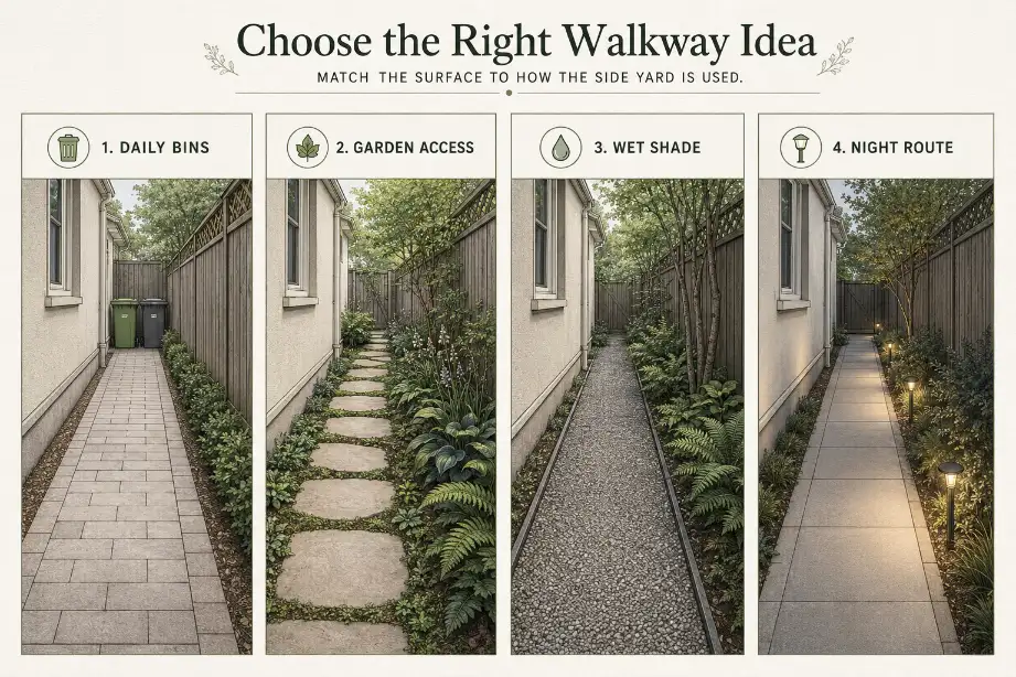 Four narrow side yard walkway ideas showing pavers, stepping stones, crushed stone, and low-glare path lighting for better walking flow.