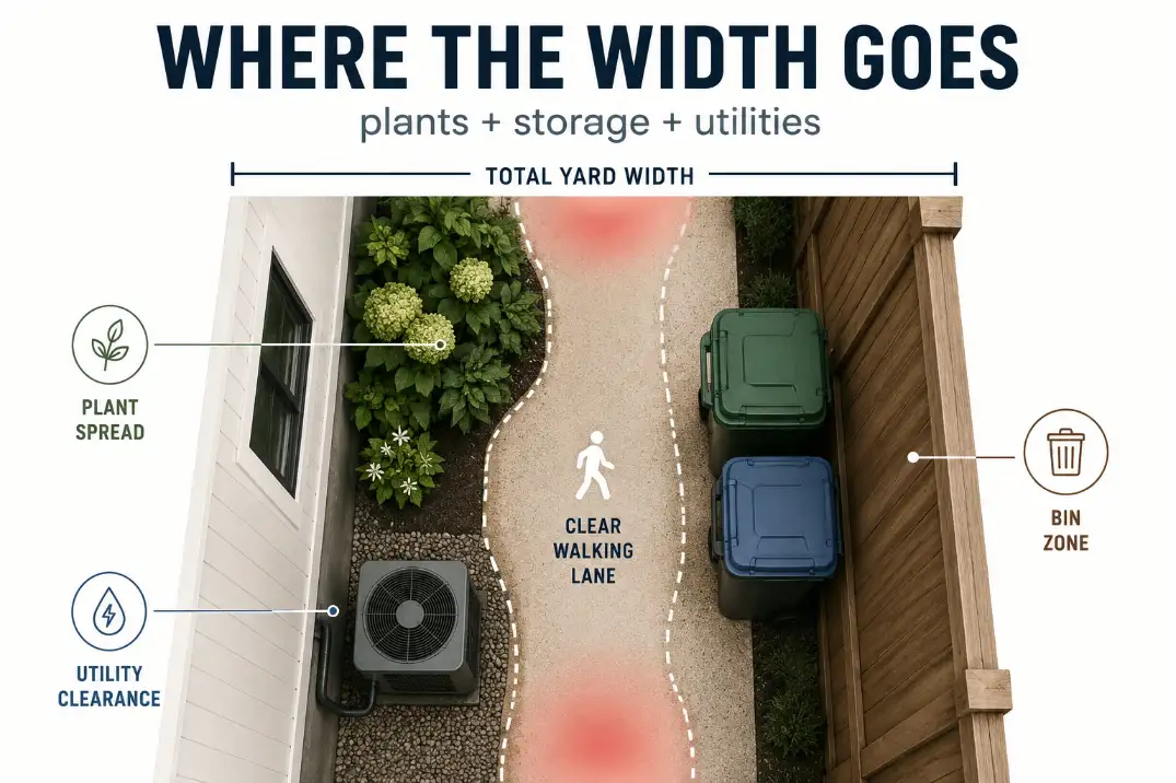 Top down diagram showing how plant spread, bin storage, and utility clearance reduce usable width in a narrow side yard.